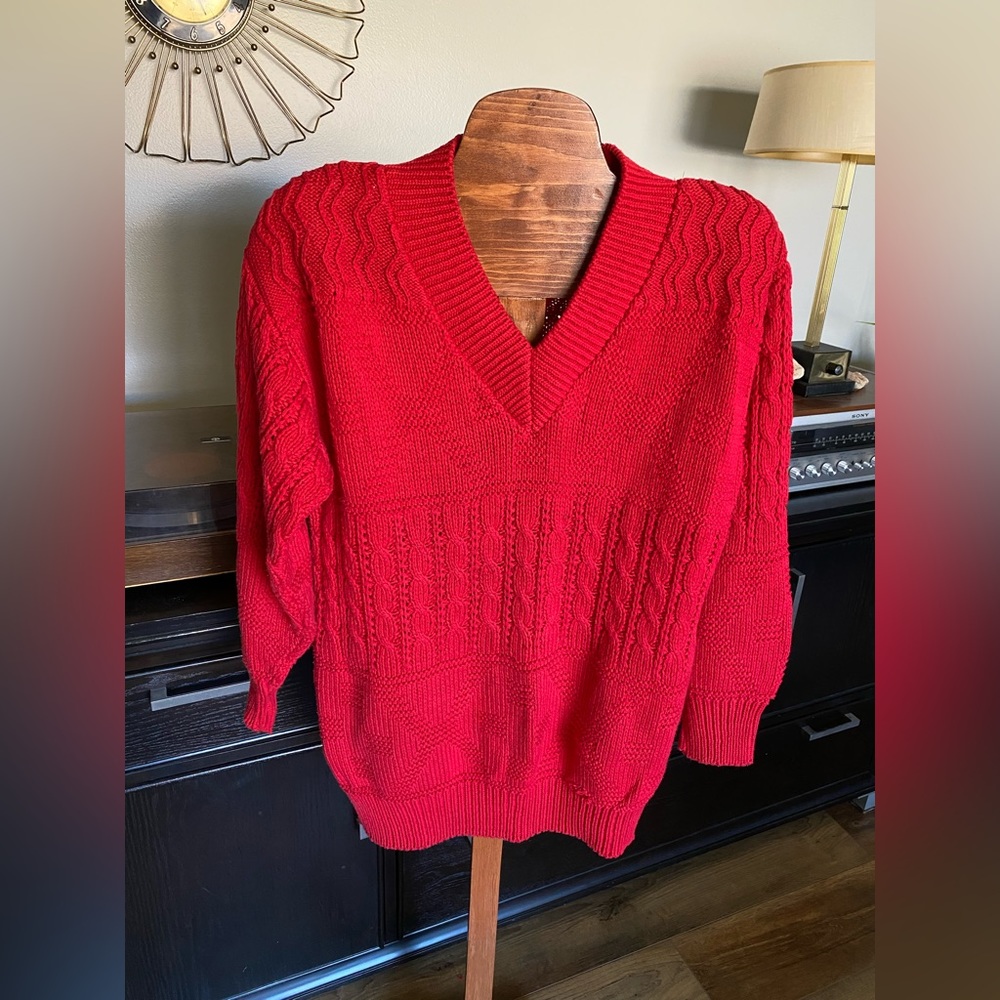 Vintage Red Knit V NeckSweater